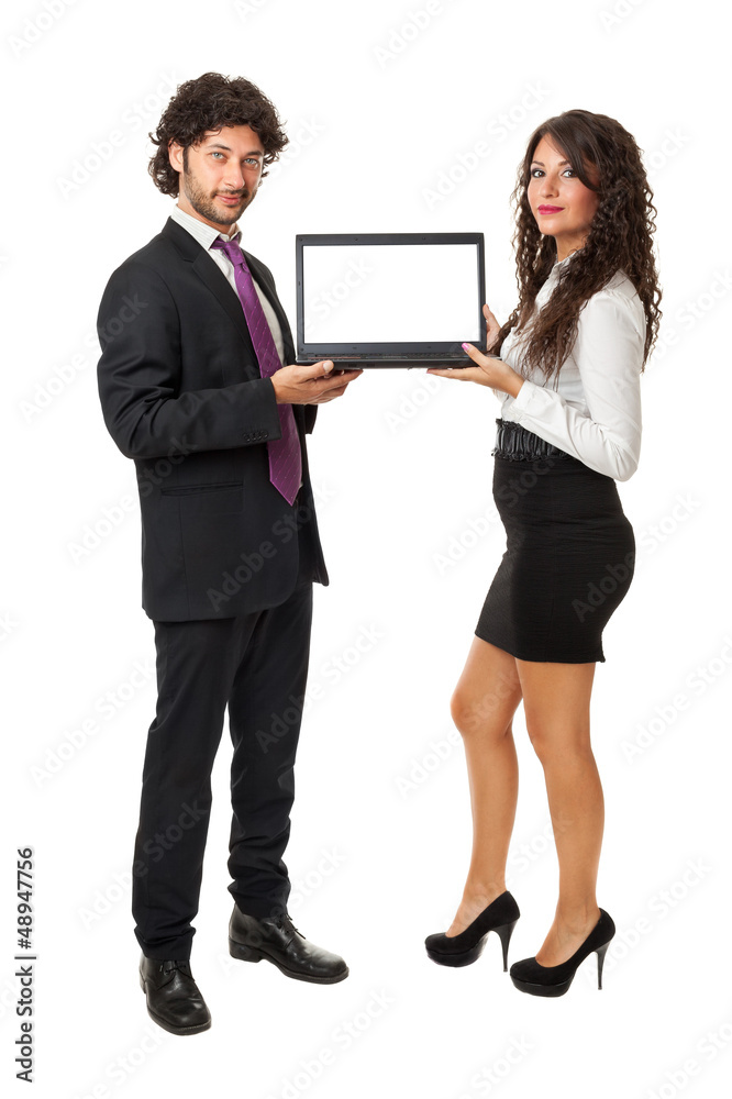 Laptop and business couple