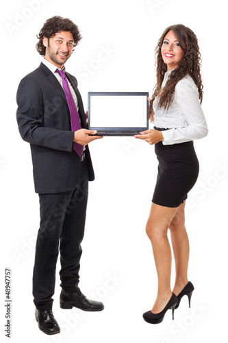 Two business people with a laptop