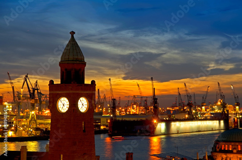 hamburg harbor sunset landungsbrücken photo