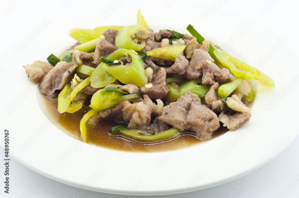 Stir fried pork with green chili pepper. Stir fried pork with green chili pepper.