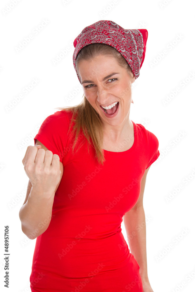 Frau isoliert in Rot freut sich