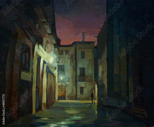 ancient gothic quarter in Barcelona at night, painting, illustra #48957751