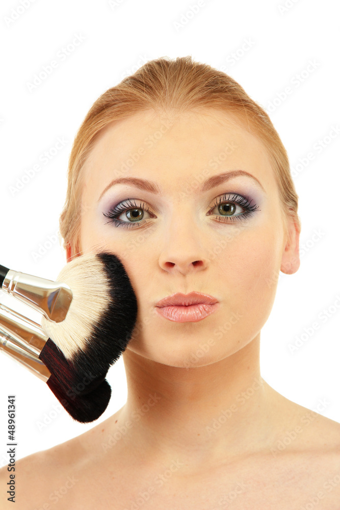 portrait of beautiful woman with make-up brushes, isolated