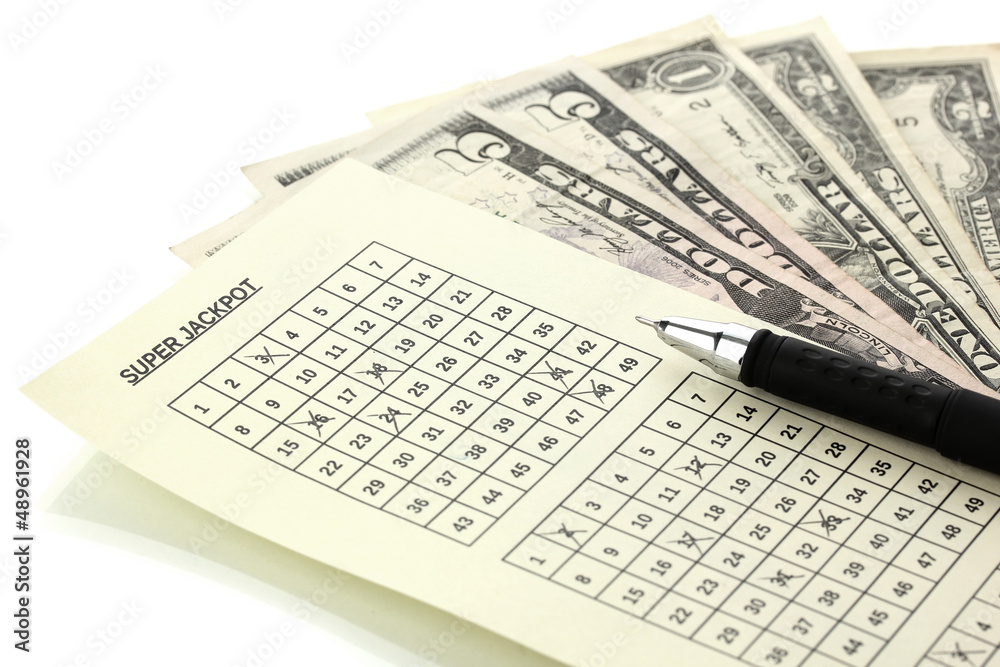 Lottery ticket with pen and money, isolated on white Lottery ticket with pen and money, isolated on white