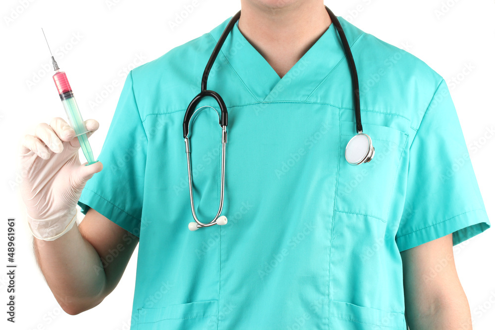 Doctor with syringe, isolated on white Doctor with syringe, isolated on white