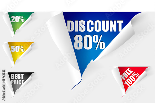 Set of teared papers with words best price, discount