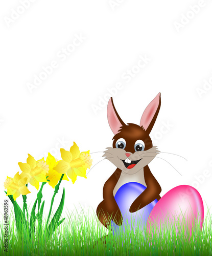 Rabbit sitting with eggs and daffodils in a meadow