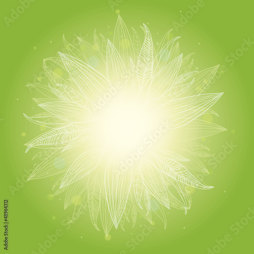 Vector magical green leaves sunburst background with hand drawn