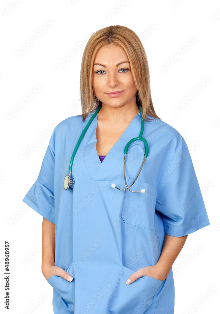 Medecin attrayant avec l'uniforme bleu Stock Photo | Adobe Stock