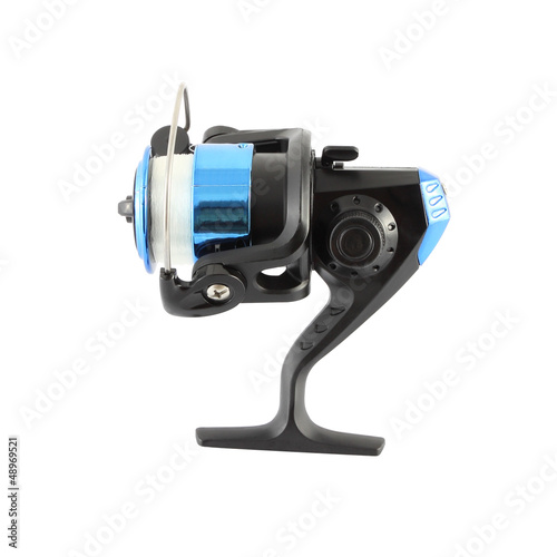 Side of blue fishing reel with line on white background.