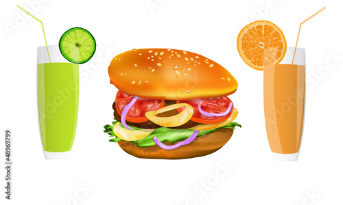 Hamburger and fresh fruit juice.Fast food.Vector