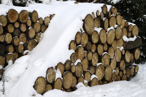 Brennholzstapel mit Schneehaube photo