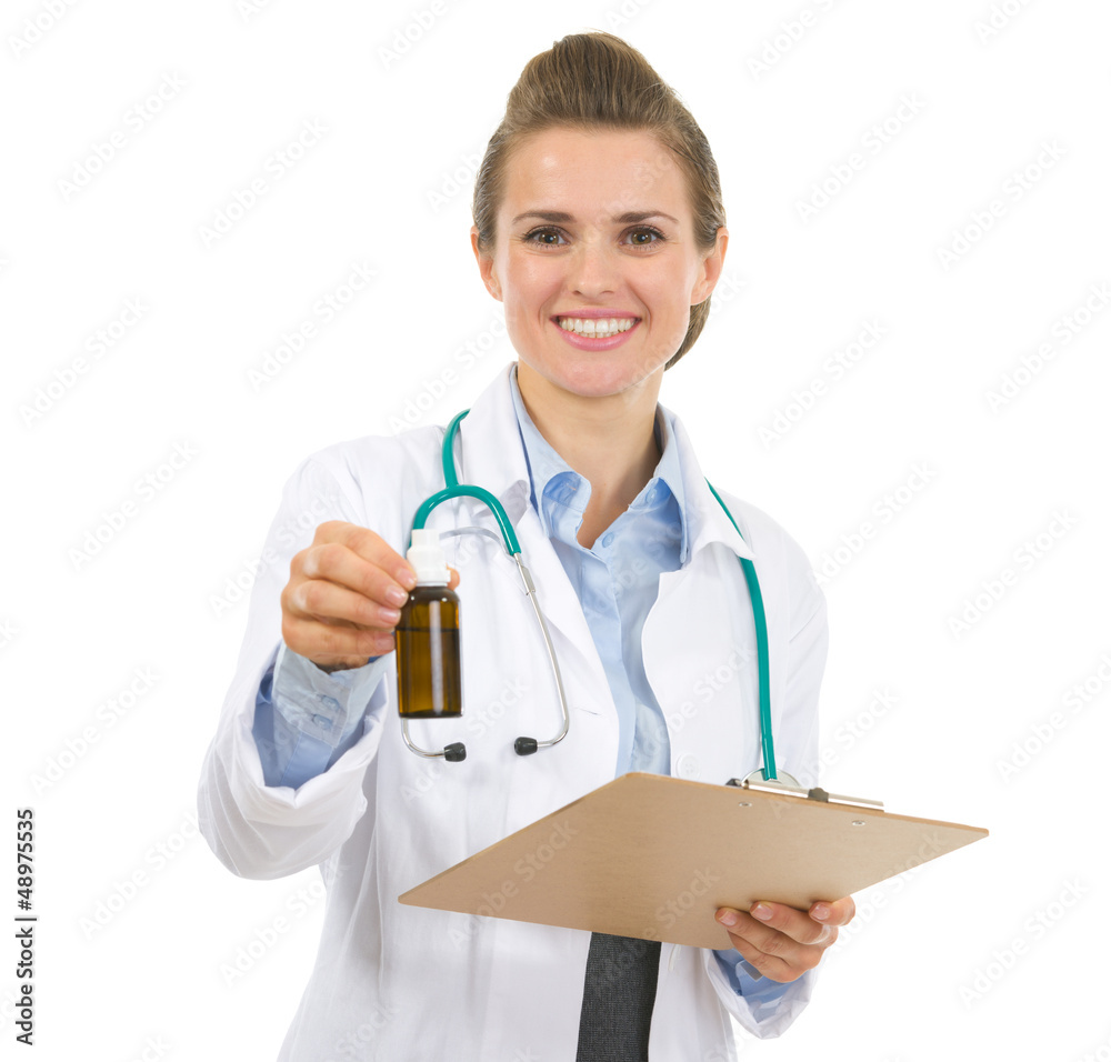 Medical doctor woman with clipboard and medecine bottle Medical doctor woman with clipboard and medecine bottle