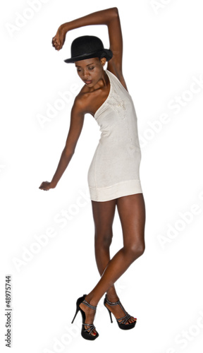 Beautiful black woman in short white dress