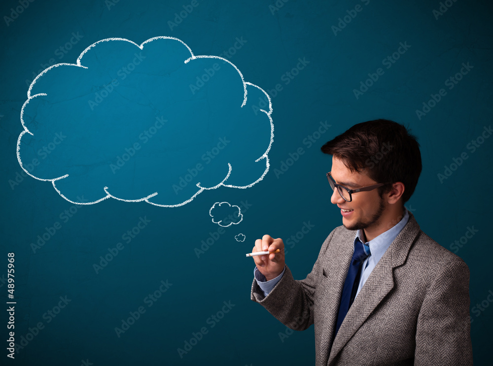 Young man smoking cigarette with idea cloud