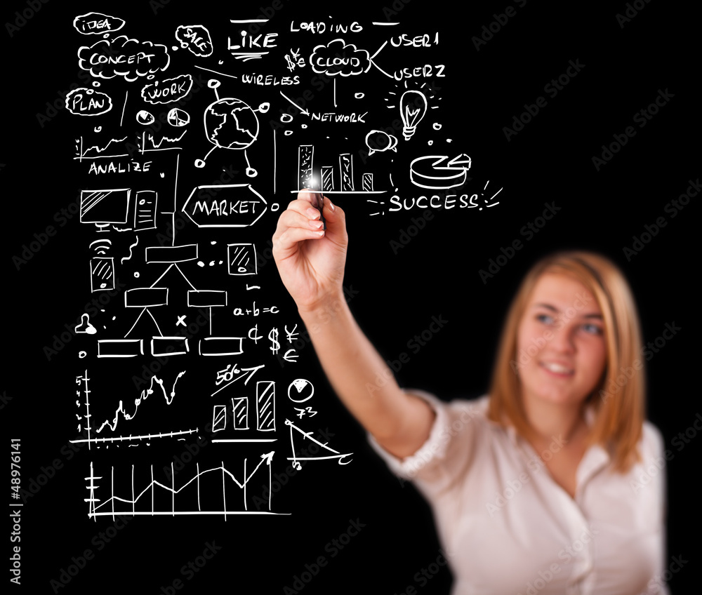 Woman drawing business scheme and icons on whiteboard Woman drawing business scheme and icons on whiteboard