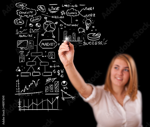 Woman drawing business scheme and icons on whiteboard
