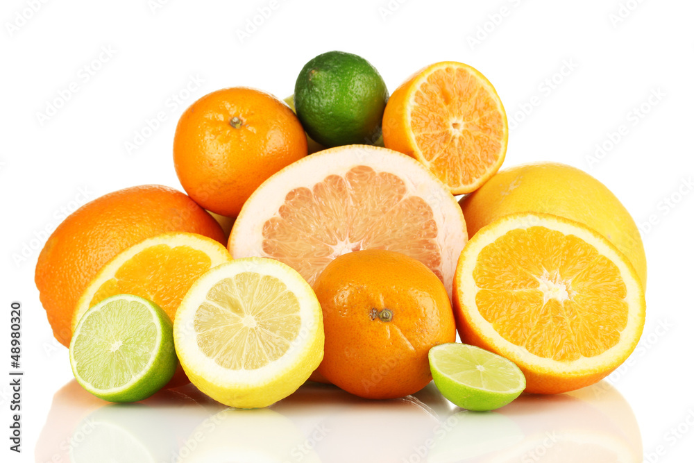 Lots ripe citrus isolated on white Lots ripe citrus isolated on white