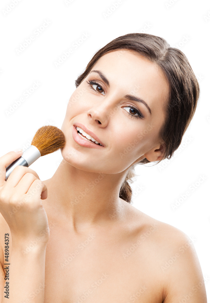 Smiling woman with make up brush, isolated