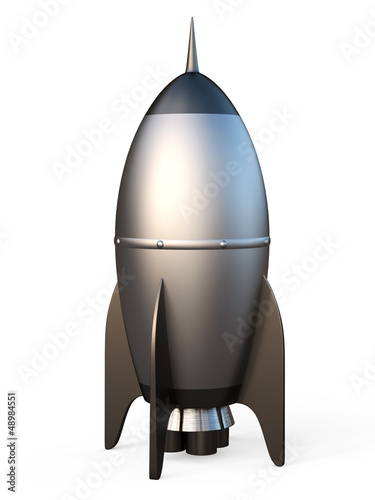 3D illustration of cartoon rocket over white background