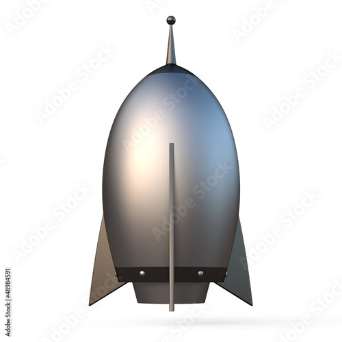 3D illustration of cartoon rocket over white background