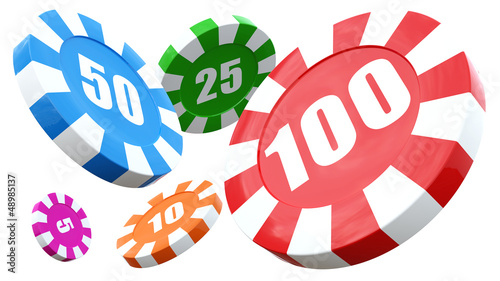 Casino chip stacks over white background. 3D render illustration