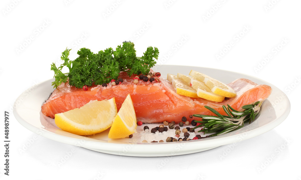 Fresh salmon fillet with herbals and lemon slices Fresh salmon fillet with herbals and lemon slices