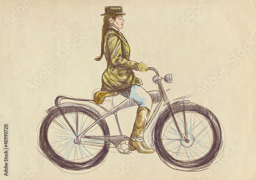 weighted lady on bike - a hand drawn illustration © kuco