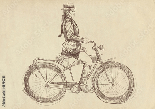 weighted lady on bike - a hand drawn illustration © kuco