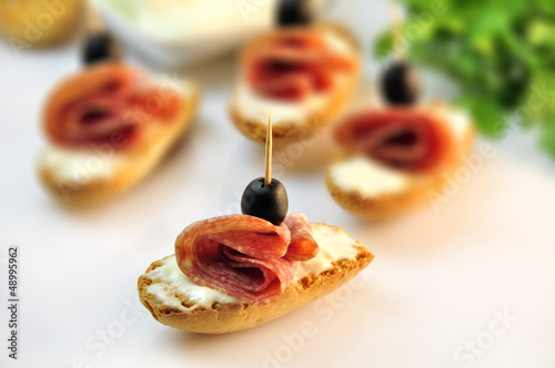 Photos croutons with sliced ​​salami cheese and olives