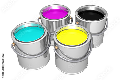 Cyan Magenta Yellow Black paint cans (3D)