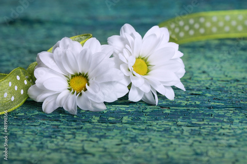 Zwei weiße Blüten auf Holz