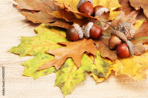 brown acorns on autumn leaves, on wooden background