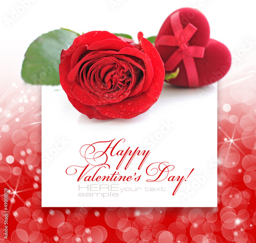 Red velvet Heart-shaped Gift Box and rose on a festive backgroun