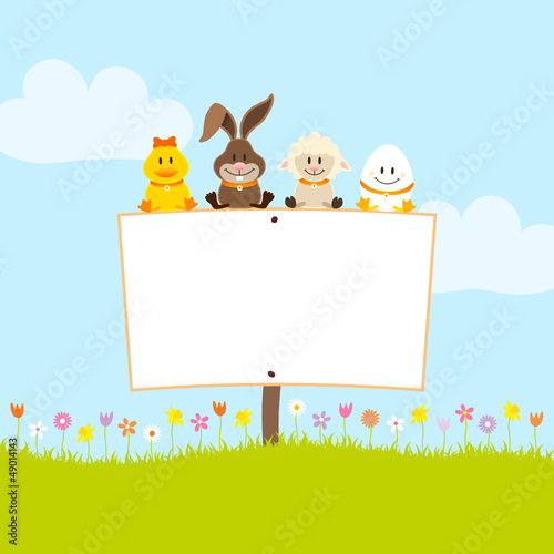 Duck, Bunny, Sheep & Easter Egg Label In Meadow