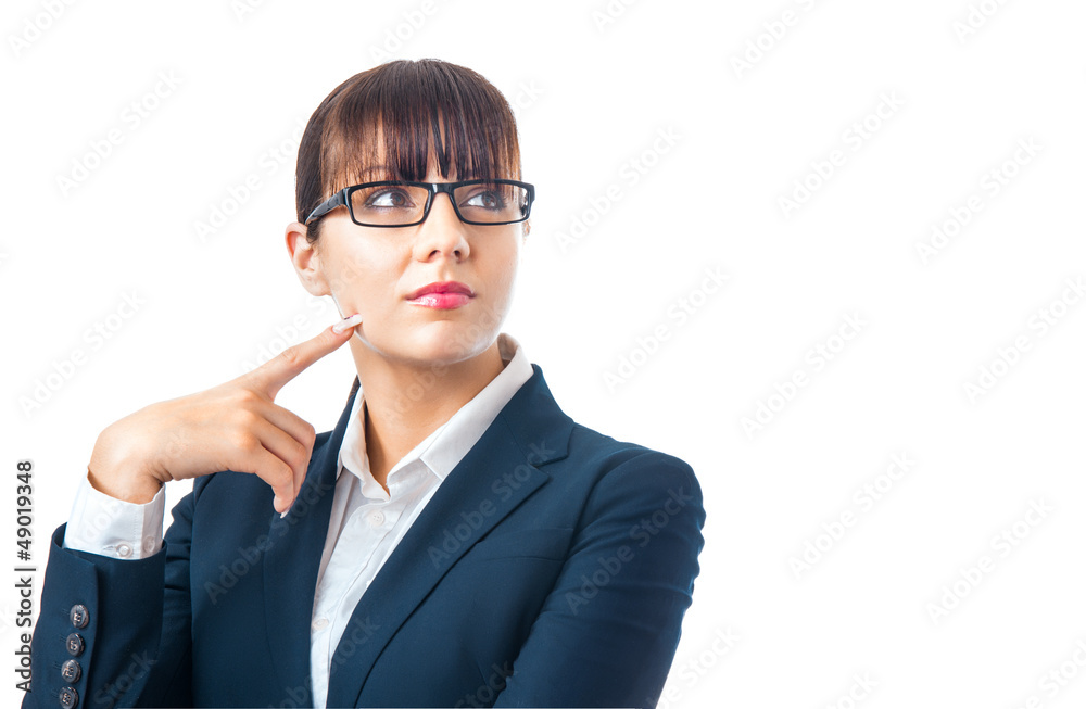 Young businesswoman thinking and looking sideways Young businesswoman thinking and looking sideways