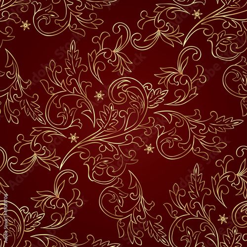Red gold floral vintage seamless pattern