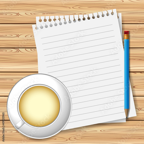 Pencil, notebook and cup of coffee on the wooden table
