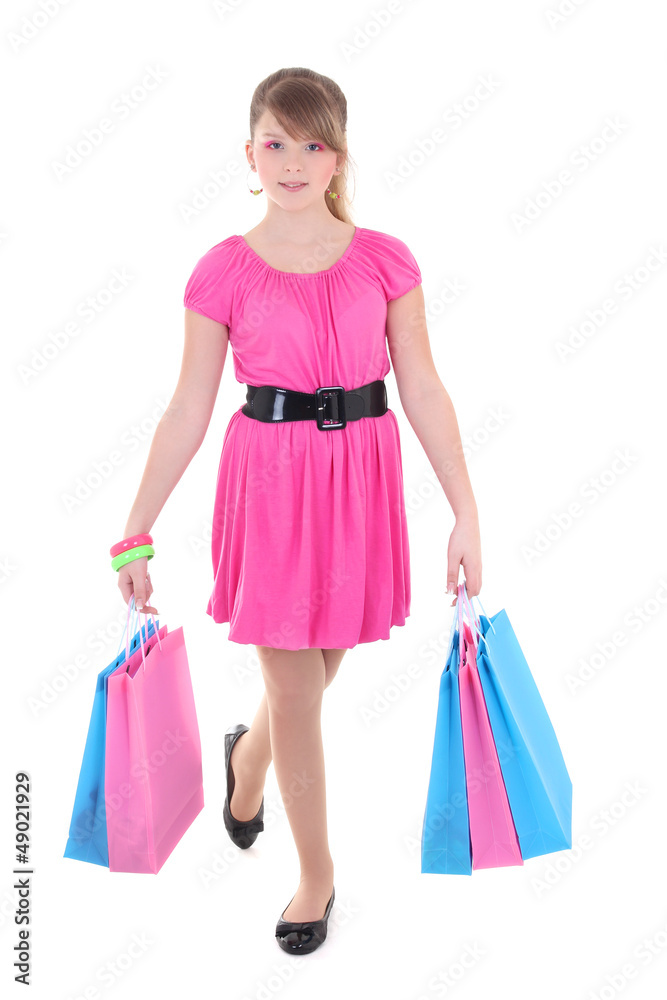 portrait of teenage girl with shopping bags over white portrait of teenage girl with shopping bags over white