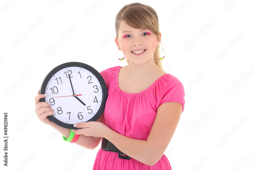 beautiful teenage girl with clock isolated over white beautiful teenage girl with clock isolated over white