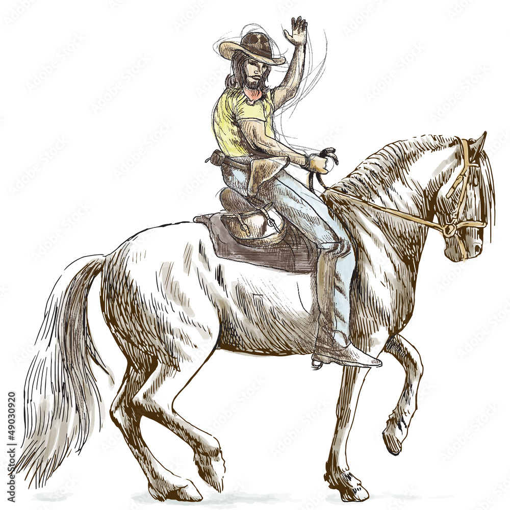 Naklejka premium kowboj na koniu - rysunek odręczny do wektora