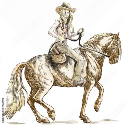 Beauty with long hair riding a horse - hand drawing into vector