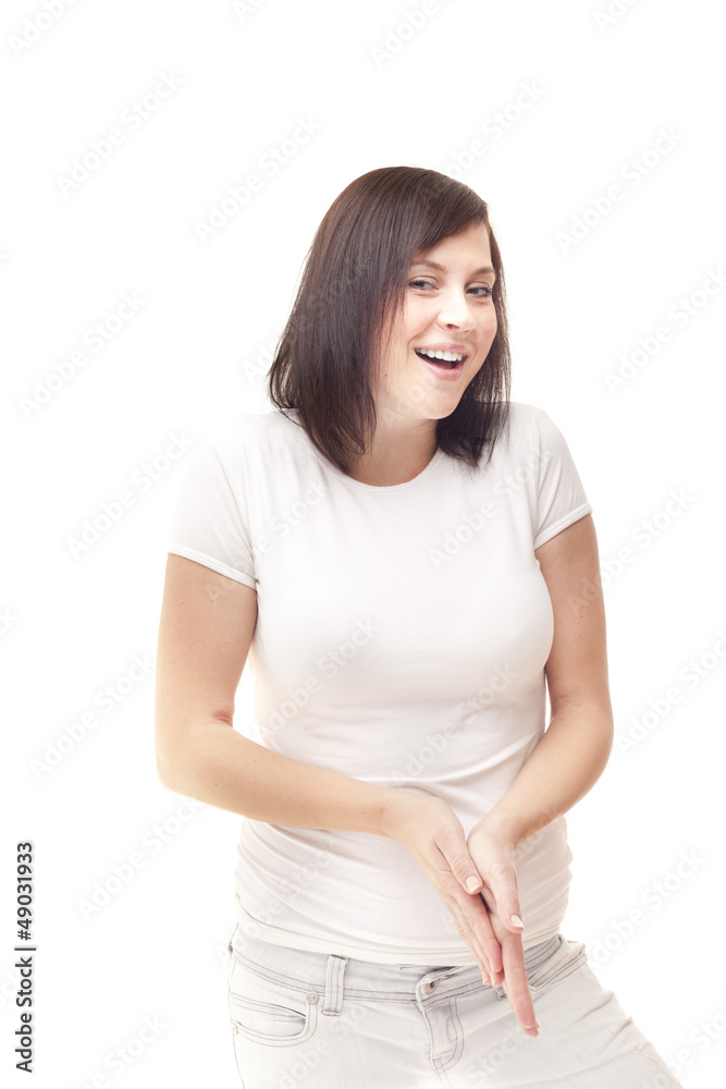 Insidious, smiling woman clapping hands on white background Insidious, smiling woman clapping hands on white background