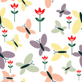 Butterflies and red flowers seamless pattern