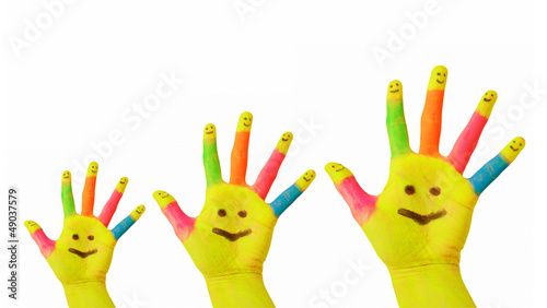 Father, mother, baby colorful painted hands with smiley face