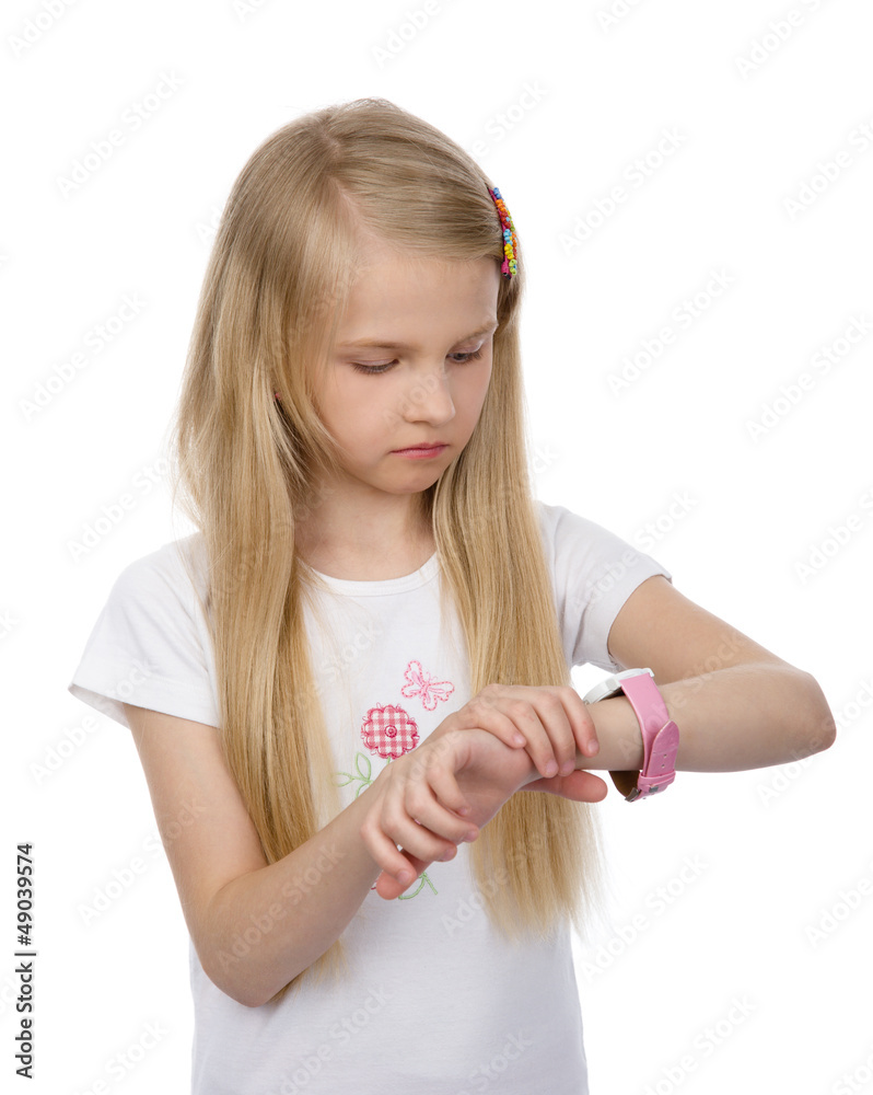 cute girl checking the time. isolated on white cute girl checking the time. isolated on white