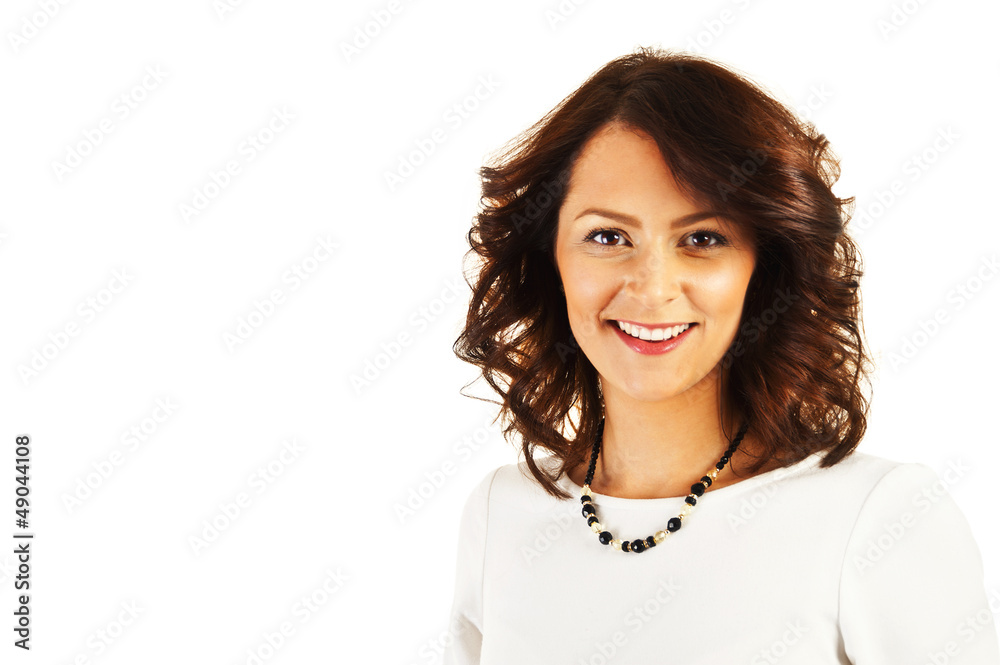 Woman in business uniform on white background with big smile Woman in business uniform on white background with big smile