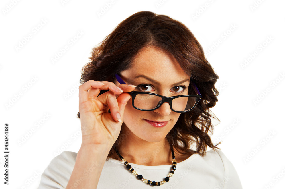 Woman in business uniform on white background with glasses Woman in business uniform on white background with glasses