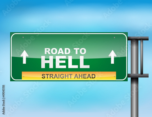Highway sign with "Road to Hell" text