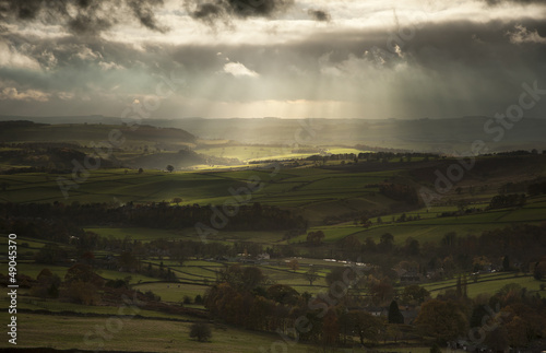 Stunning sun beams over Big Moor in Peak District National Park